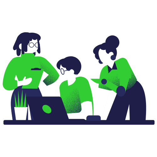 Ilustração de três pessoas colaborando em um projeto no computador.