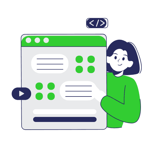 Ilustração de uma pessoa ao lado de uma interface web customizável.