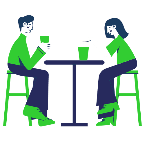 Ilustração de duas pessoas conversando em uma mesa.