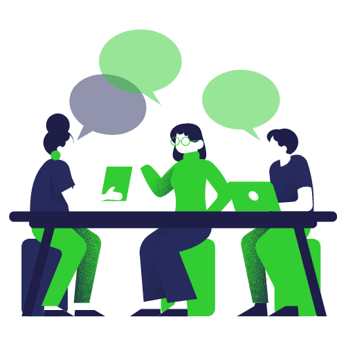 Ilustração de três pessoas em uma reunião com balões de conversa.