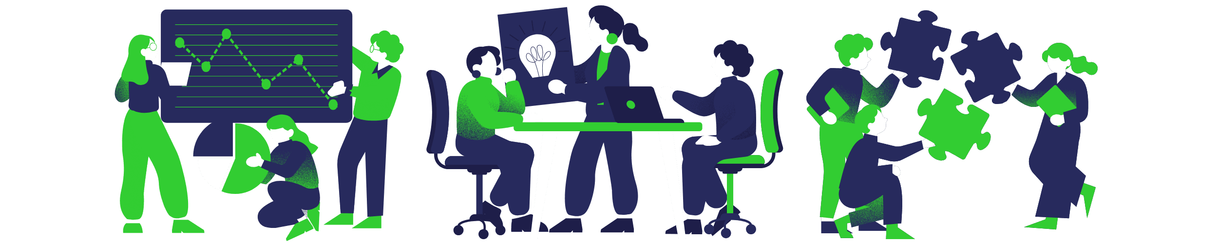 Ilustração de equipes colaborando em gestão, ideias e integração de soluções.