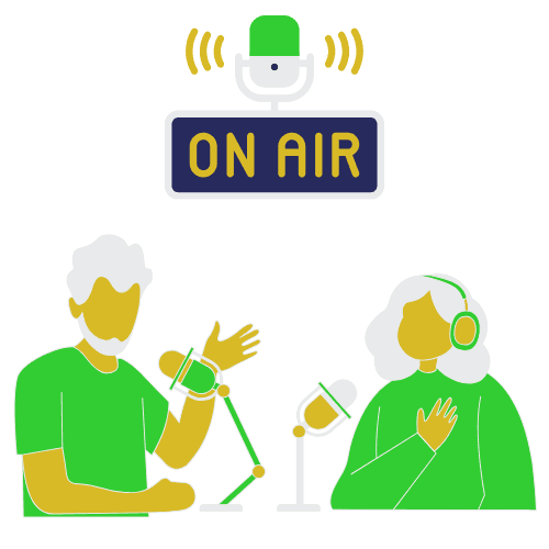 Ilustração de apresentadores gravando o podcast Autobyte