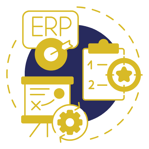 Ilustração de módulos ERP com planejamento, produção e integrações.