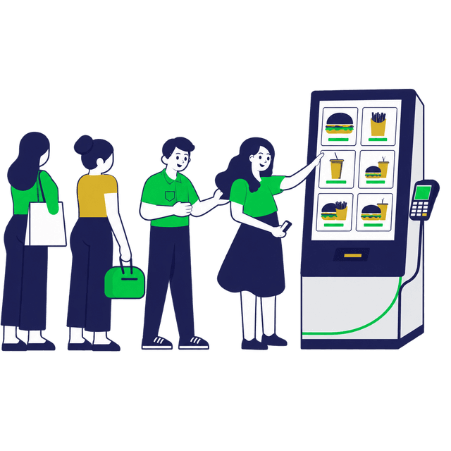Ilustração de clientes utilizando totem de autoatendimento para fazer pedidos.