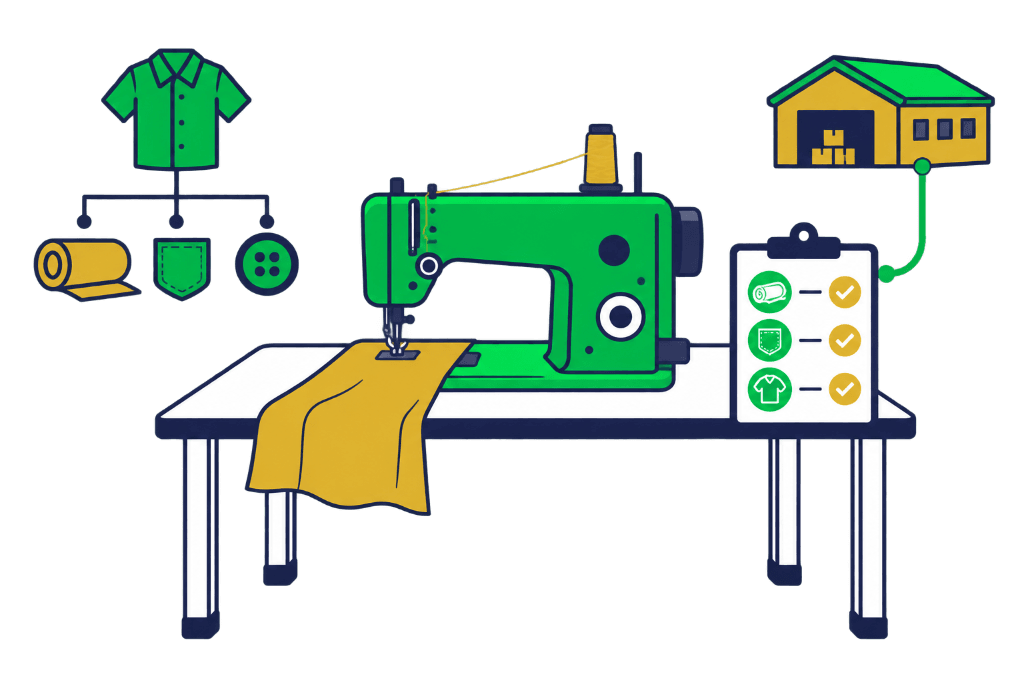 Ilustração de uma máquina de costura com composição de peça, estoque e checklist de produção.