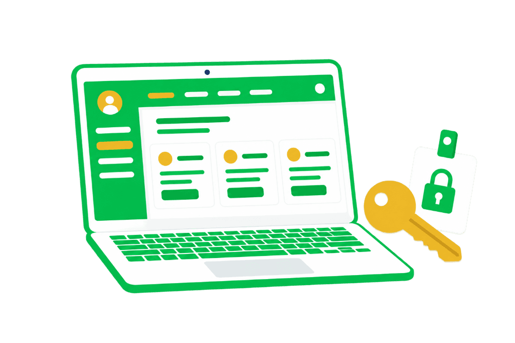 Ilustração de notebook com painel web, chave e cadeado representando acesso autorizado à Consulta Web.