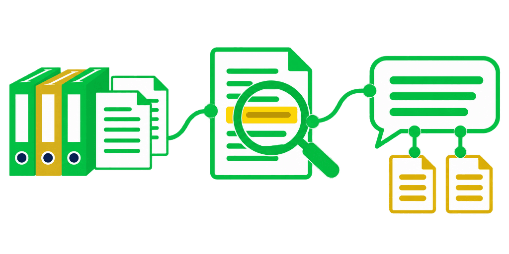 Ilustração de documentos e busca em conteúdo conectados a respostas do assistente com LLM e RAG.