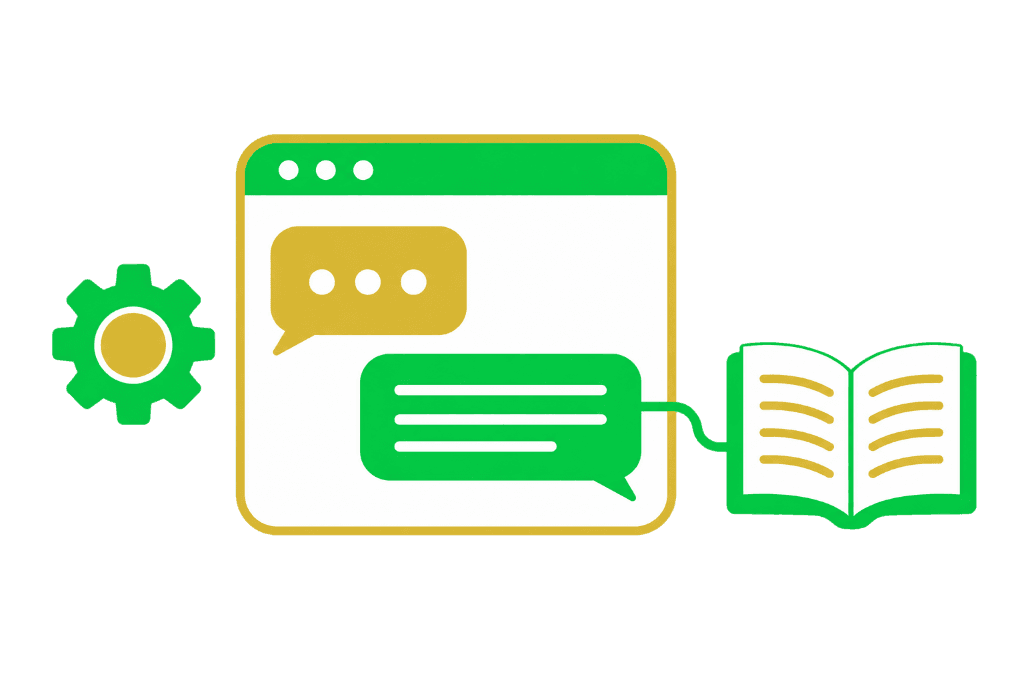 Ilustração de chat conectado à base de conhecimento e configurações da empresa.