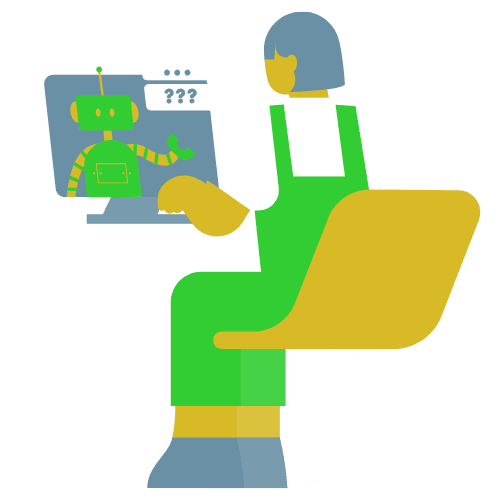 Ilustração de pessoa no computador interagindo com assistente de inteligência artificial empresarial.
