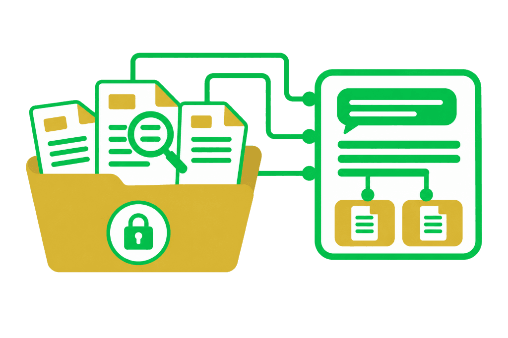 Ilustração de documentos e processos da empresa conectados a assistentes de IA por departamento.
