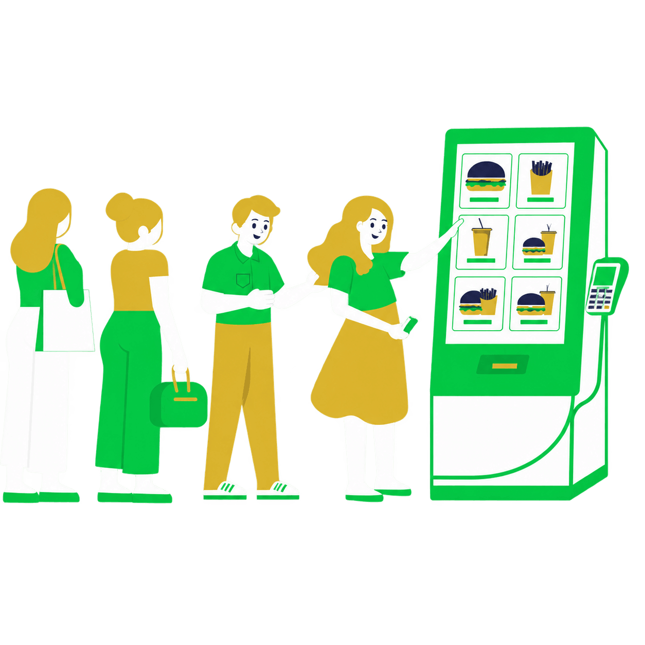 Quatro clientes utilizando um totem de autoatendimento verde e dourado para escolher e pagar pedidos.