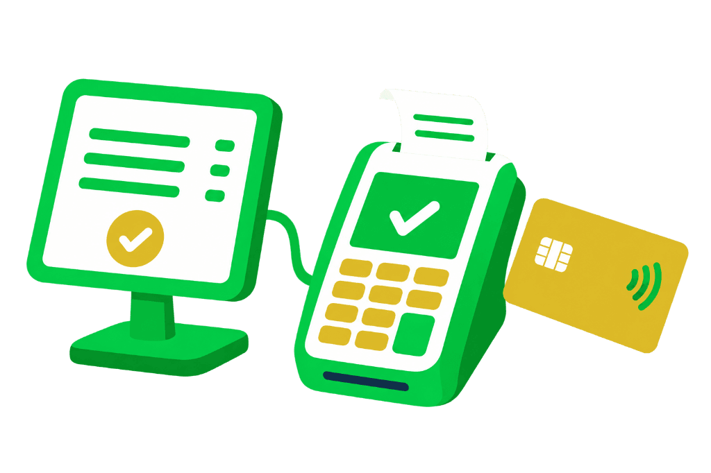 Ilustração de monitor de pedido, terminal de pagamento com TEF e cartão no fluxo de checkout do autoatendimento.