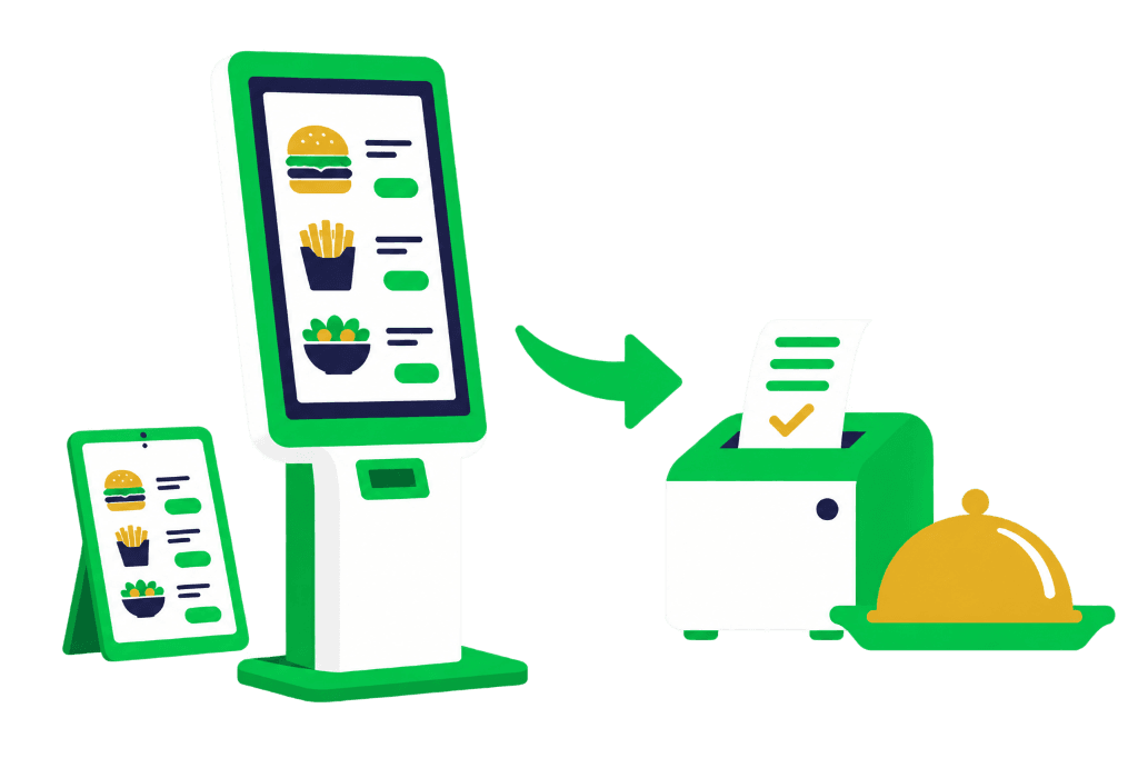 Ilustração de totem e tablet com cardápio digital enviando pedido para impressora e cozinha.