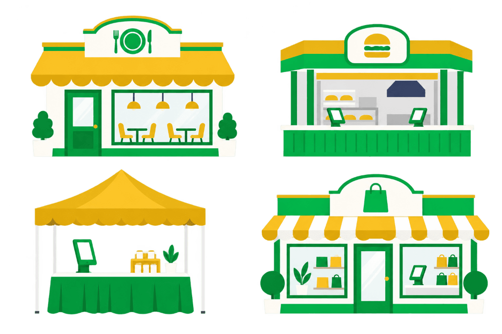 Ilustração de um restaurante, um balcão, uma barraca e uma loja.